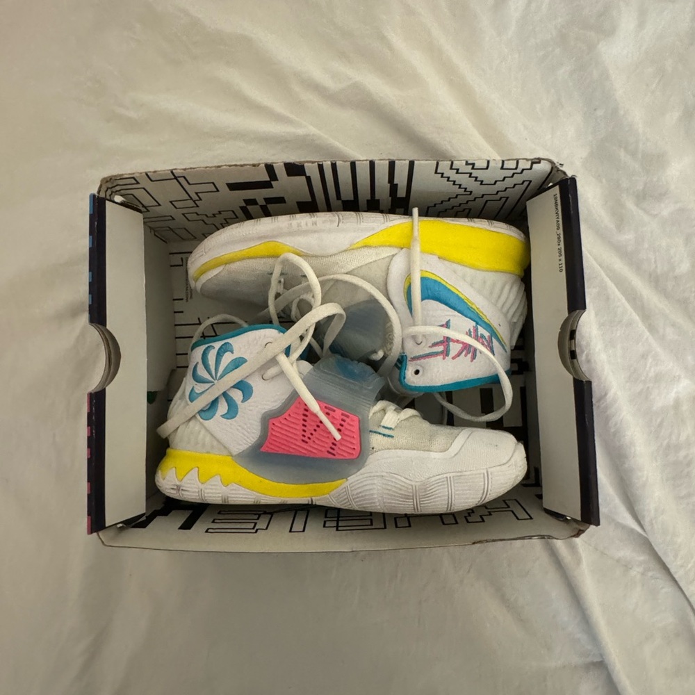 Nike Kyrie 6 "White/Blue Fury/Opti Yellow" Grade School Kids' Basketball Shoe